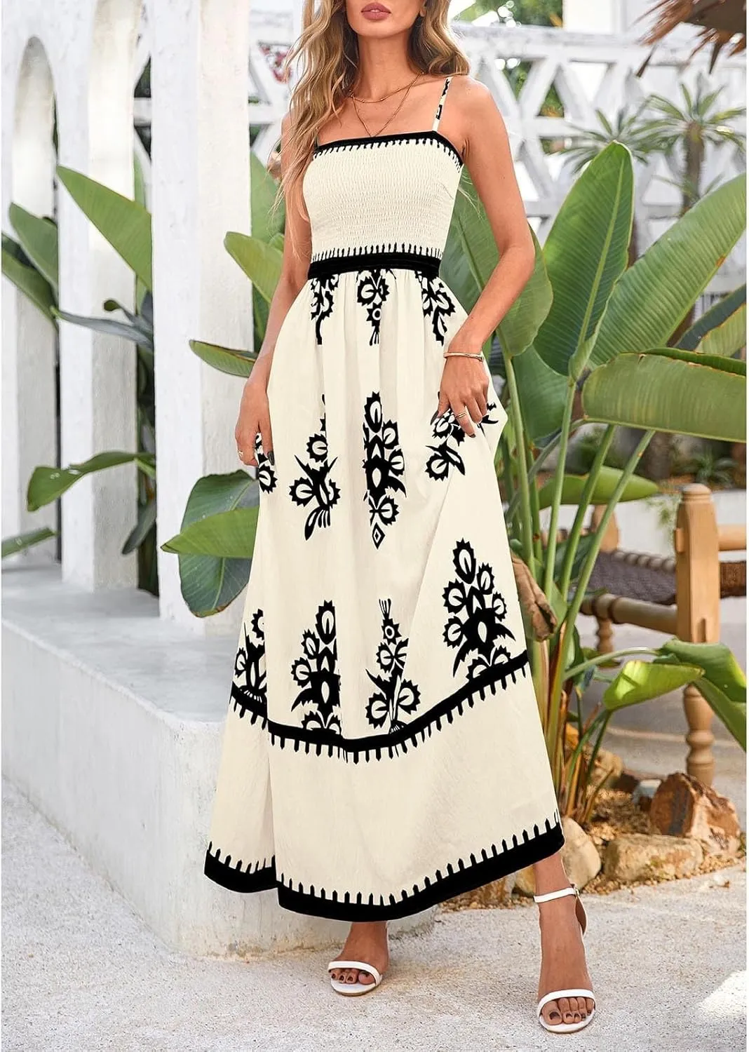 XOWRTE Women's 2025 Summer Spaghetti Straps Sleeveless Backless Sundress Flowy Smocked Elastic Chest Swing A Line Midi Dress