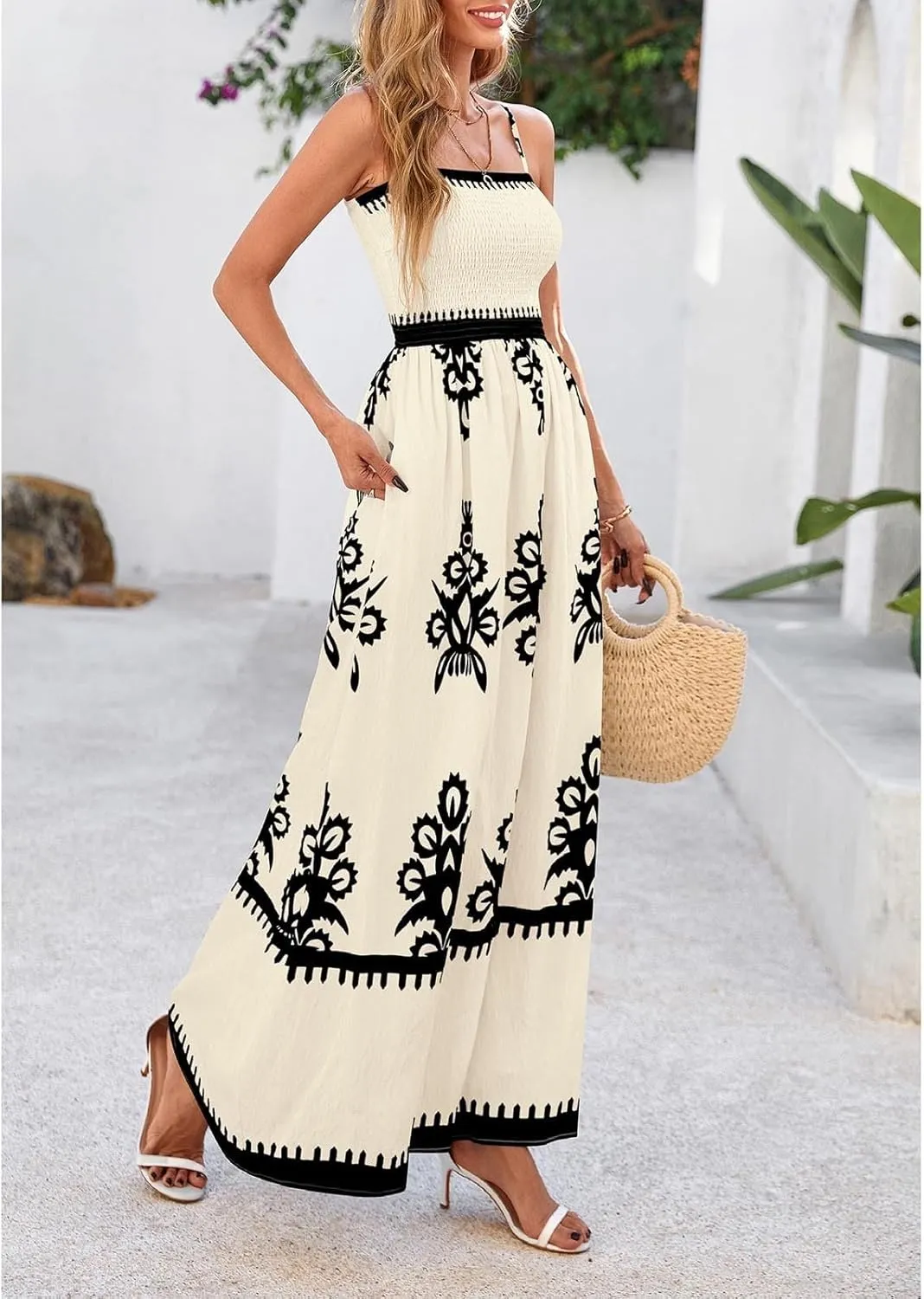 XOWRTE Women's 2025 Summer Spaghetti Straps Sleeveless Backless Sundress Flowy Smocked Elastic Chest Swing A Line Midi Dress