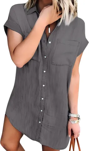 Zilcremo Women Denim Shirt Dresses Short Sleeve Distressed Jean Dress Button Down Casual Tunic Top